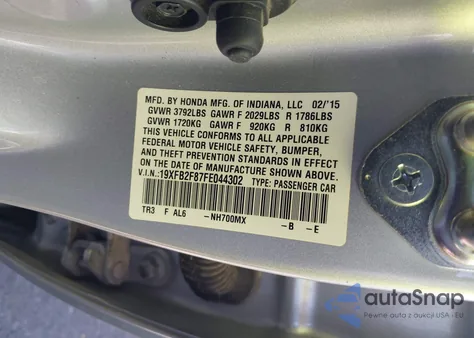 2015 Honda Civic Ex from USA, damaged, VIN 19XFB2F87FE044302